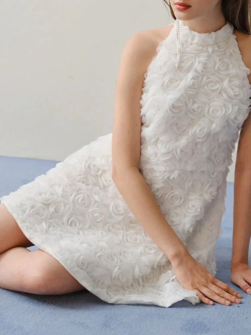 White 3D Rosette Halter Mini Dress